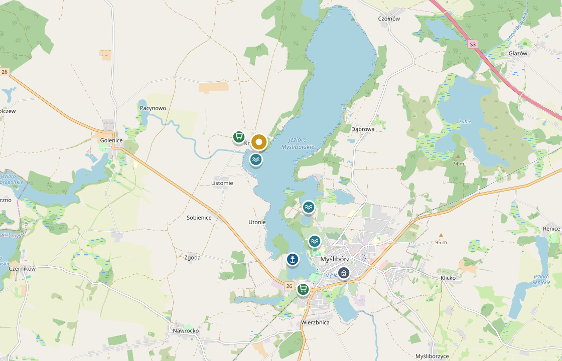 Site map: building plots on Lake Soldin with bathing areas, marina, shopping and the town of Myślibórz