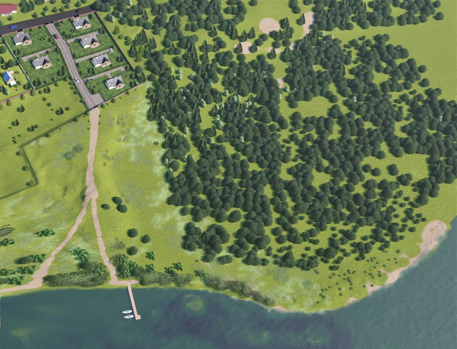Aerial view of the park path and lake – Soldin Lakeside View